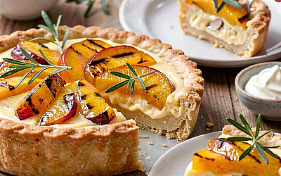 Butter tart with grilled peaches and rosemary