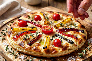 Focaccia mazurska z grillowaną papryką, pomidorkami i tymiankiem
