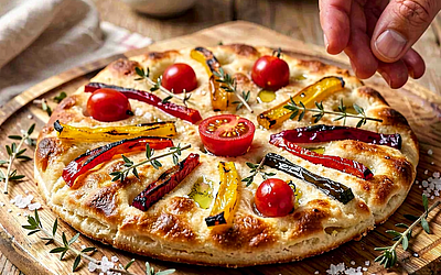 Focaccia mazurska z grillowaną papryką, pomidorkami i tymiankiem