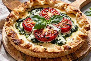 Tarta rustykalna z grillowanyymi pomidorami i bazyliowym sosem