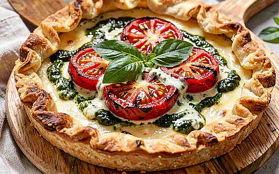 Rustic tart with grilled tomatoes and basil sauce