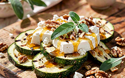 Grilled zucchini with goat cheese and sage