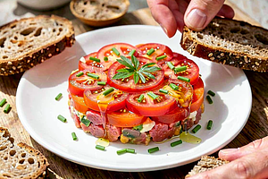 Tatar made from ripe tomatoes with fresh chives