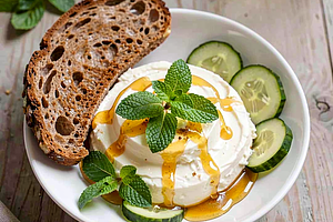 Cottage cheese with linden honey and mint leaves