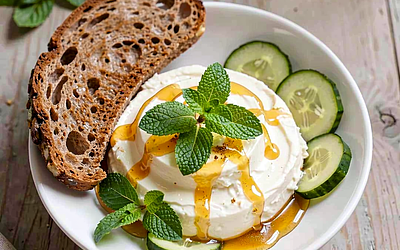 Cottage cheese with linden honey and mint leaves