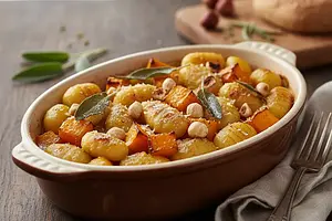 Pieczone Gnocchi z Dynią, Szałwią i Orzechami Laskowymi w Maślanym Sosie