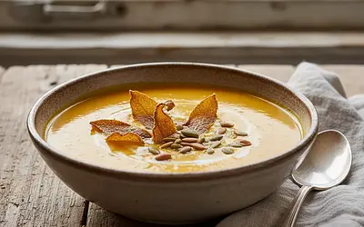Velvety roasted pumpkin cream with crispy sage chips and toasted seeds