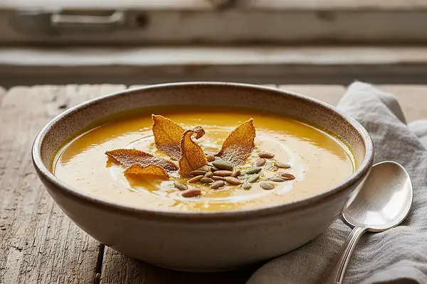 Aksamitny krem z pieczonej dyni z chrupiącym chipsem z szałwii i prażonymi pestkami