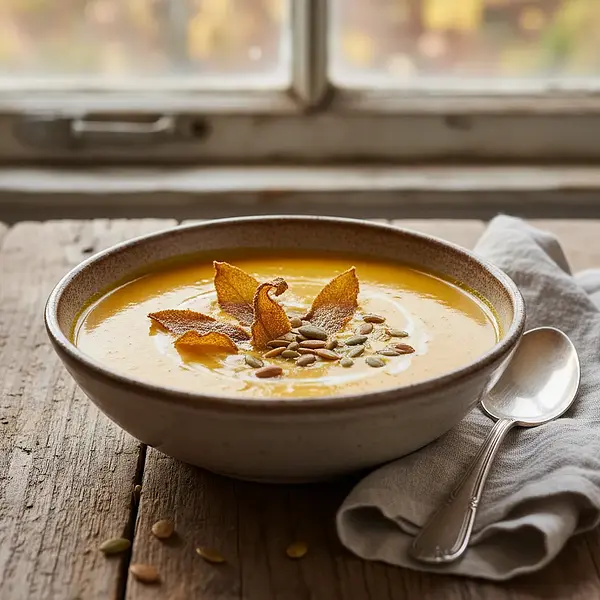 Velvety roasted pumpkin cream with crispy sage chips and toasted seeds