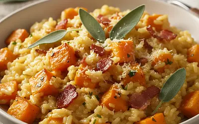 Kremowe risotto z pieczoną dynią, szałwią i chrupiącym boczkiem