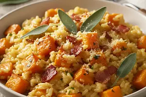 Creamy risotto with roasted pumpkin, sage, and crispy bacon
