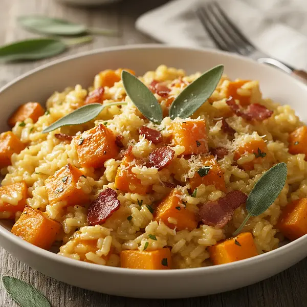 Creamy risotto with roasted pumpkin, sage, and crispy bacon