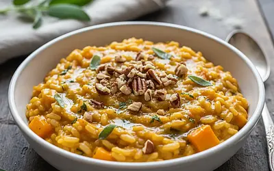 Kremowe risotto dyniowe z masłem szałwiowym i prażonymi orzechami pekan