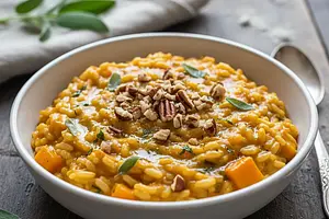 Kremowe risotto dyniowe z masłem szałwiowym i prażonymi orzechami pekan