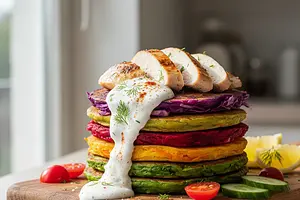 Rainbow Vegetable Pancakes with Chicken and Yogurt Sauce