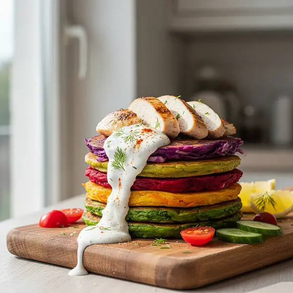 Rainbow Vegetable Pancakes with Chicken and Yogurt Sauce