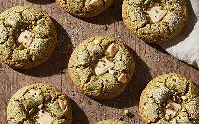 Cracked Pistachio Cookies with White Chocolate and Cardamom