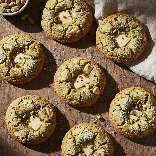 Cracked Pistachio Cookies with White Chocolate and Cardamom