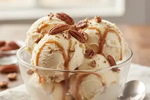 Creamy vanilla ice cream with salted caramel and toasted pecans (no machine)