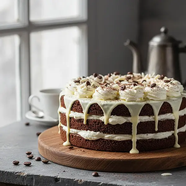 Chocolate-Coffee Spartak Cake with Mascarpone Cream and White Chocolate