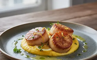 Delikatne Przegrzebki na Szafranowym Purée z Kalafiora z Sosem Cytrynowo-Maślanym