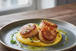 Delikatne Przegrzebki na Szafranowym Purée z Kalafiora z Sosem Cytrynowo-Maślanym