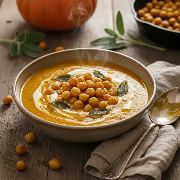 Hokkaido Pumpkin Soup with Crispy Chickpeas and Sage