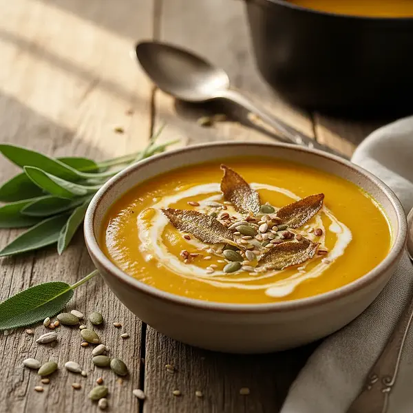 Velvety roasted pumpkin cream with crispy sage and toasted seeds