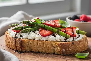 Toasts with Ricotta, Asparagus, and Strawberries with a Balsamic Touch