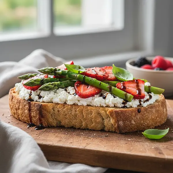 Toasts with Ricotta, Asparagus, and Strawberries with a Balsamic Touch