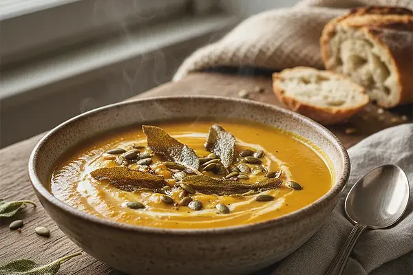 Aksamitny Krem z Pieczonej Dyni z Chrupiącą Szałwią i Prażonymi Pestkami