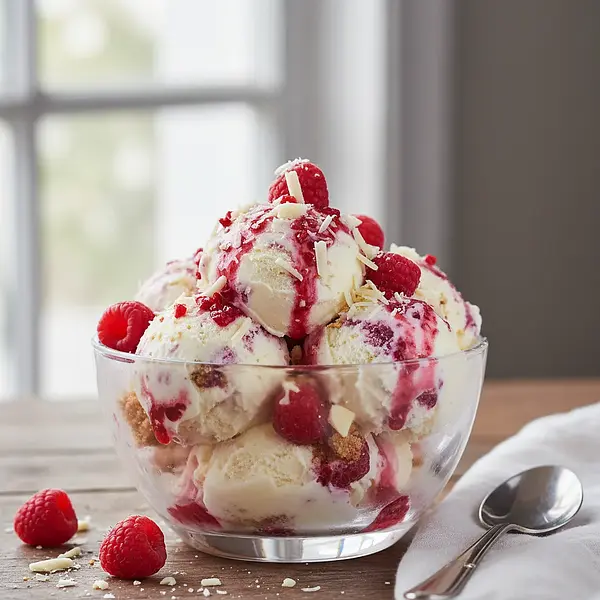 Creamy Cheesecake Ice Cream with Raspberries and White Chocolate (no machine)