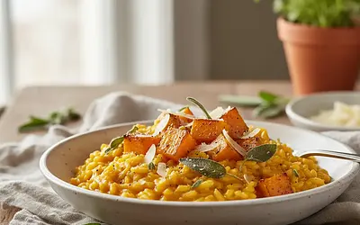 Kremowe risotto z pieczoną dynią, szałwią i parmezanem