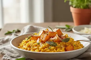 Creamy risotto with roasted pumpkin, sage, and parmesan