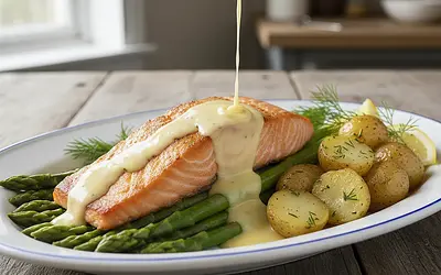 Baked salmon on an asparagus bed with hollandaise sauce and young potatoes