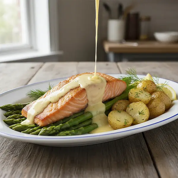 Baked salmon on an asparagus bed with hollandaise sauce and young potatoes