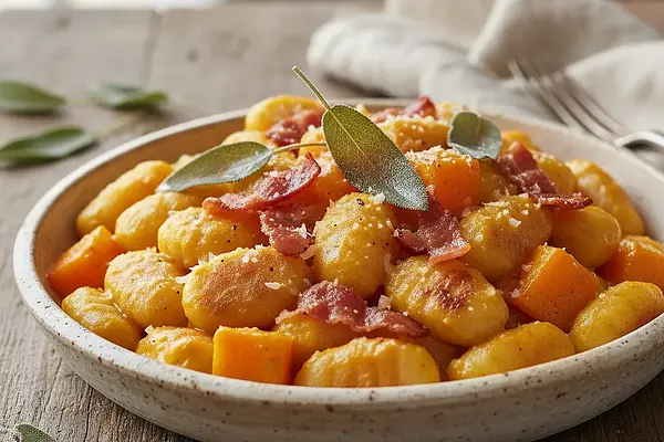 Kremowe Gnocchi z Pieczoną Dynią, Chrupiącym Boczkiem i Szałwią