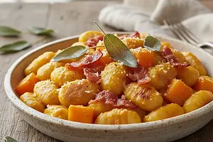 Kremowe Gnocchi z Pieczoną Dynią, Chrupiącym Boczkiem i Szałwią