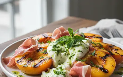 Grilled peaches with burrata, prosciutto, and mint vinaigrette