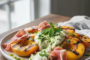 Grilled peaches with burrata, prosciutto, and mint vinaigrette