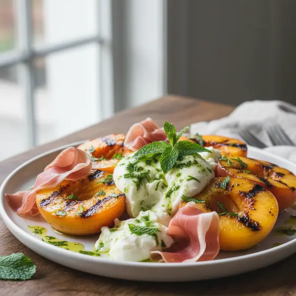 Grilled peaches with burrata, prosciutto, and mint vinaigrette