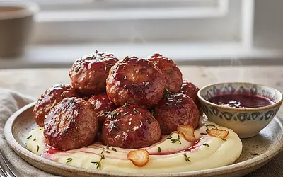 Pieczone Klopsiki z Indyka z Sosem Śliwkowym i Purée z Pasternaku