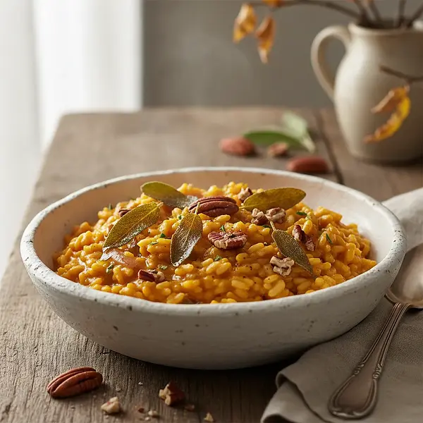 Creamy pumpkin risotto with crispy sage and toasted pecans