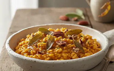 Kremowe risotto dyniowe z chrupiącą szałwią i prażonymi orzechami pekan