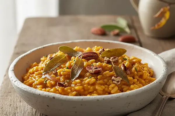Kremowe risotto dyniowe z chrupiącą szałwią i prażonymi orzechami pekan