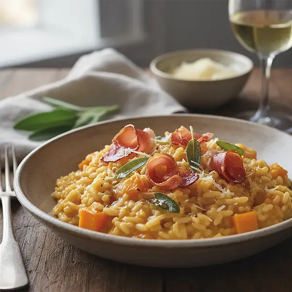 Kremowe Risotto z Dynią Piżmową, Szałwią i Chrupiącym Prosciutto