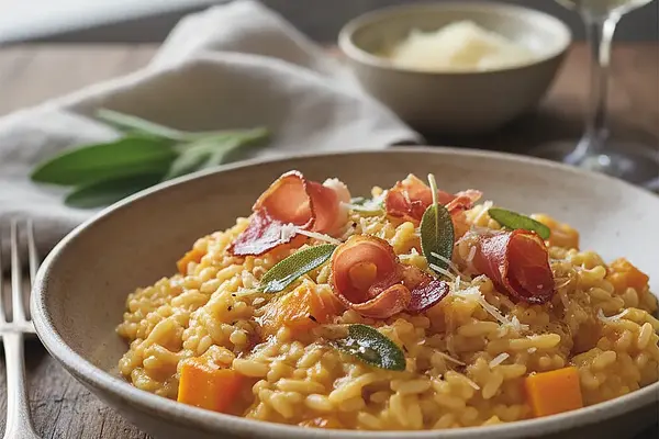 Kremowe Risotto z Dynią Piżmową, Szałwią i Chrupiącym Prosciutto
