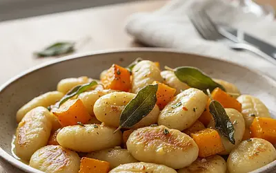 Kremowe gnocchi z palonym masłem, szałwią i dynią piżmową
