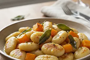 Kremowe gnocchi z palonym masłem, szałwią i dynią piżmową