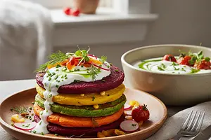 Rainbow Vegetable Pancakes with Yogurt Sauce